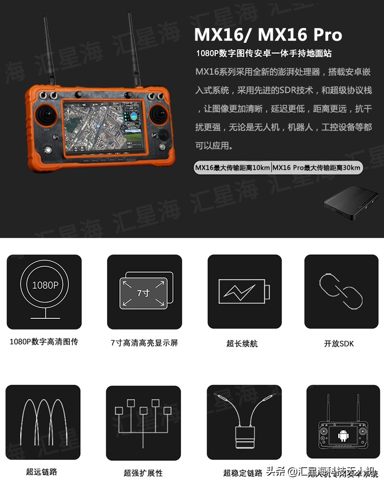 MX16系列1080P數(shù)字圖可傳30km(匯星海數(shù)字圖傳)插圖 MX16系列1080P數(shù)字圖傳安卓一體手持地面站可傳30km